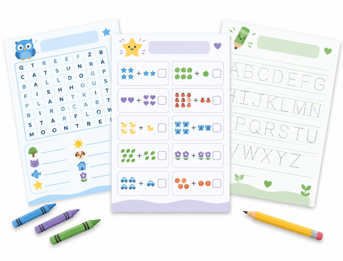 Examples of printable worksheets: a word search, an addition sheet and a letter tracing sheet